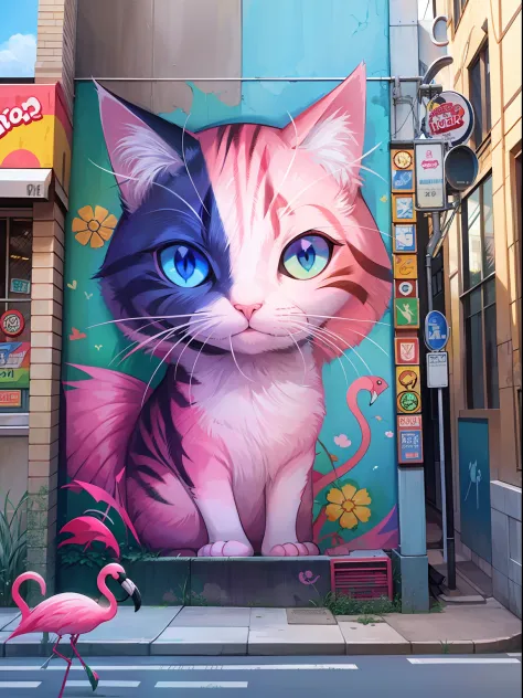 cat face with a flamingo body, in street art style