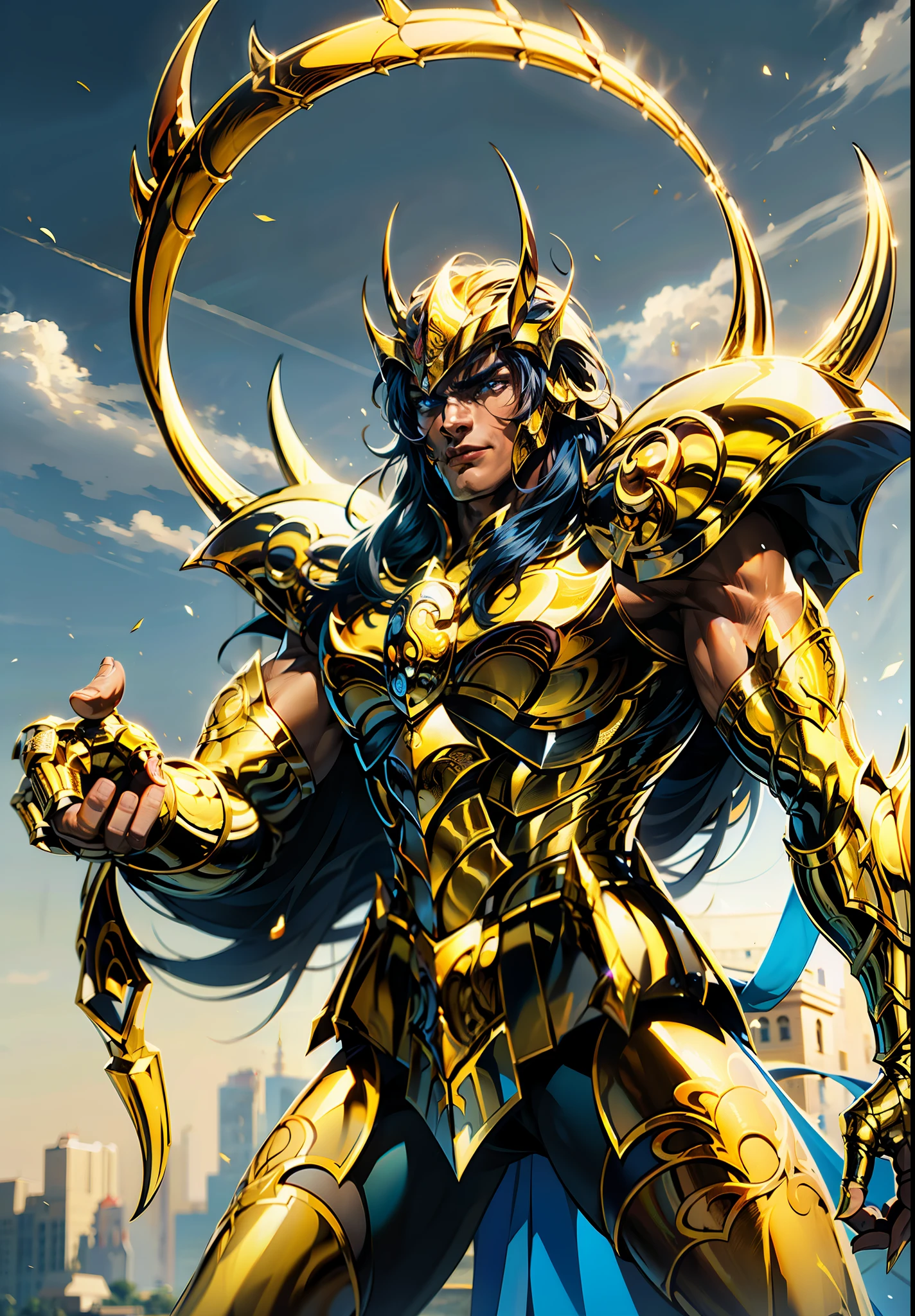 黄金の鎧を持つ騎士のキャラクター de エスコルピアン , 黄金の鎧を着た騎士のキャラクターの騎士, 黄道帯スコーピオンの騎士 , 空に印象的なサソリ王オーロボエアルの背景に, 8K高解像度, 複雑なディテール, 息を呑むほどのクオリティ