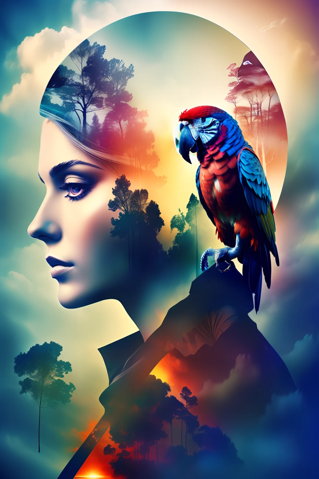 (Double exposure) close up of a dublex woman with a parrot on her shoulder, incredible digital art, stunning digital illustration, amazing digital art, photoshop art, gorgeous digital art, beautiful digital artwork, stunning digital art, colourful movie art, art of alessandro pautasso, beautiful digital art, realistic digital art 4k, realistic digital art 4 k, colorfull digital fantasy art, ((double exposure effect)