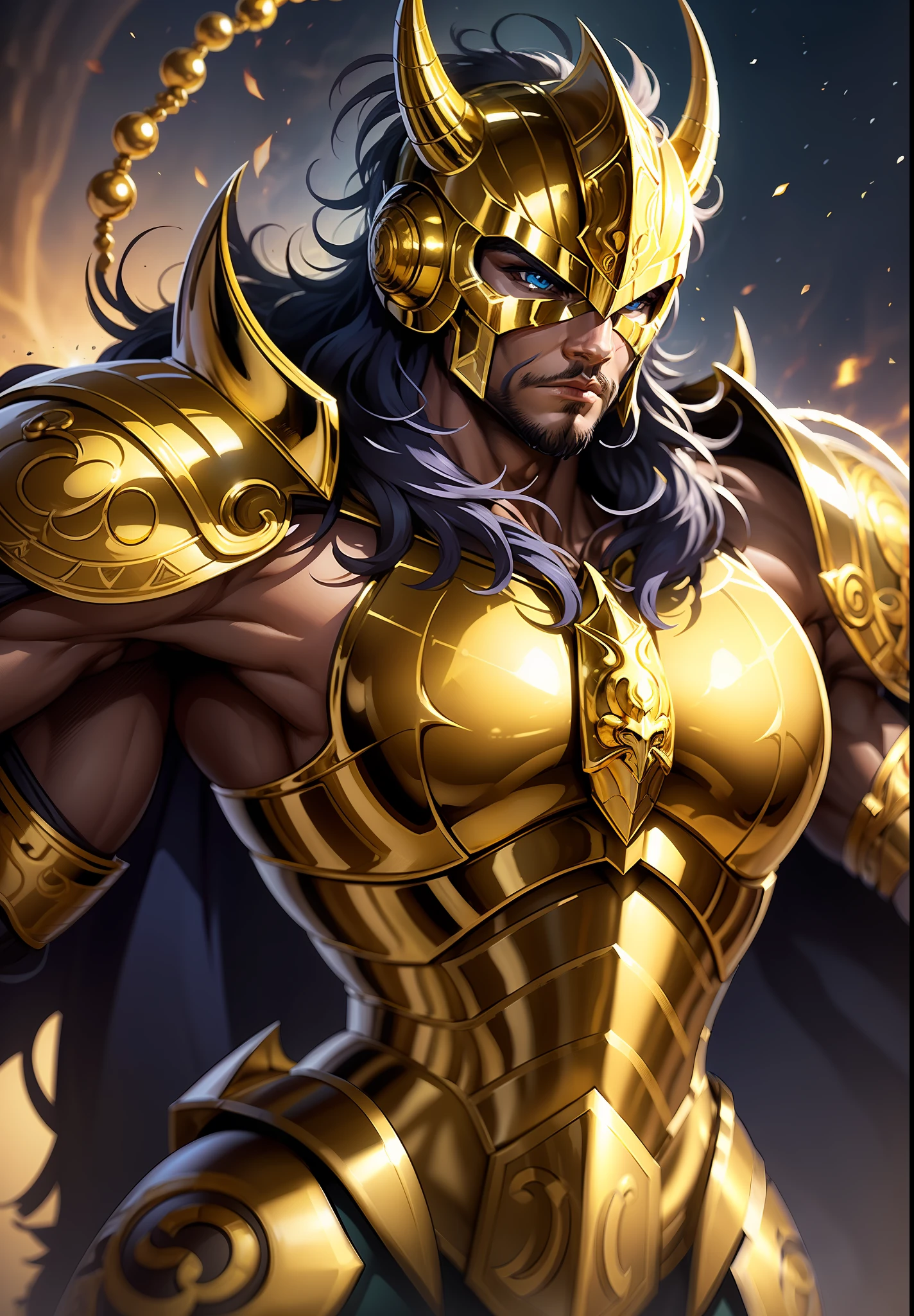 身穿金色盔甲的騎士角色 , 穿著金色盔甲的騎士角色, 天蠍座騎士 , 天空中雄偉的蝎子王奧羅博亞爾的背景, 8k高清, 錯綜複雜的細節, 令人驚嘆的品質