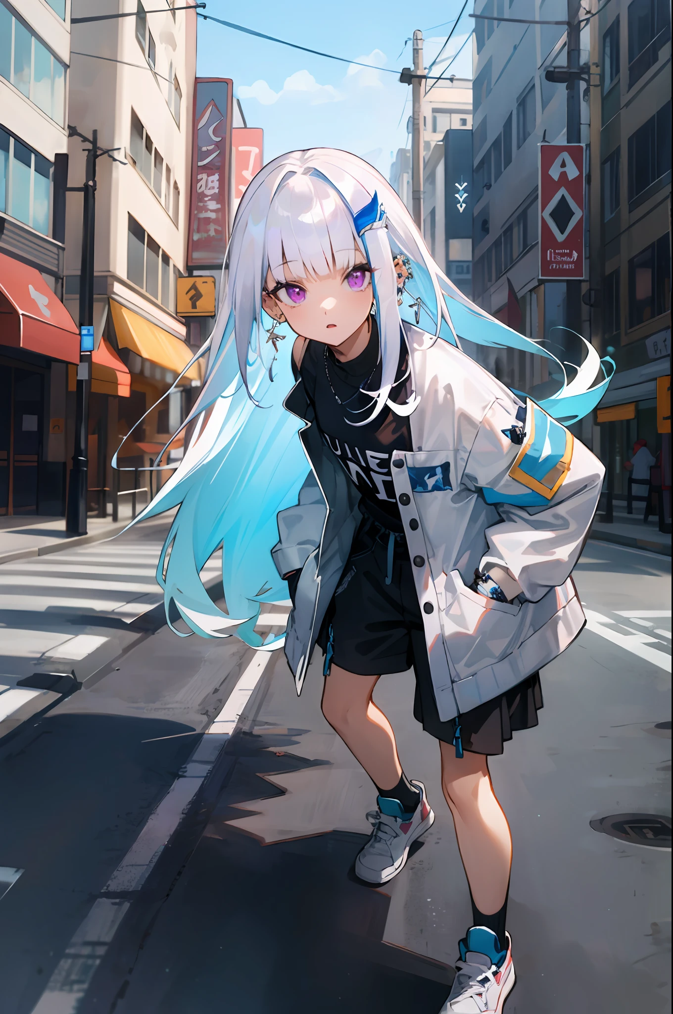 best quality, 4K wallpaper, masterpiece, extremely detailed CG unity 8k wallpaper, extremely detailed eyes, ultra-detailed, intricate details, 1girl, solo, purple eyes, white hair, long hair, Streetwear outfit,  shoes, jewelry, ear piercing, looking at viewer, road sign, street park, street, urban,