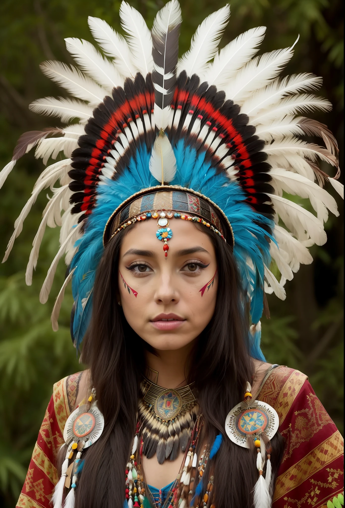 arafed woman in a feather headdress with feathers on her head,(((painted face))), aztec princess portrait, wearing crown of bright feathers, girl with feathers, beautiful young female shaman,painted face, she is dressed in shaman clothes, feathered headdress,sternum tattoo, ornate headdress, a young female shaman, angelina jolie uhd, headdress, : native american shamen fantasy, centered headdress,painted face.