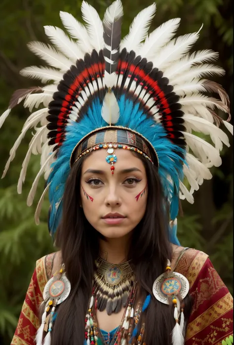 arafed woman in a feather headdress with feathers on her head,(((painted face))), aztec princess portrait, wearing crown of bright feathers, girl with feathers, beautiful young female shaman,painted face, she is dressed in shaman clothes, feathered headdre...