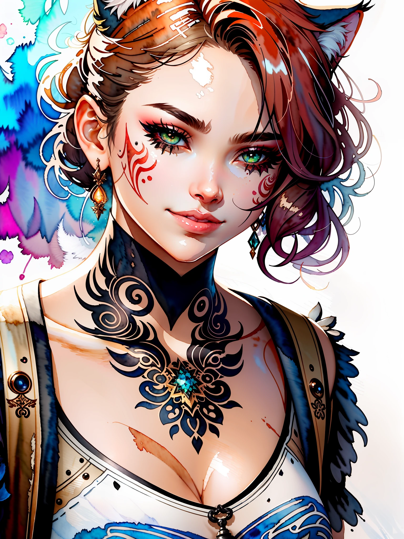 wtrcolor style, digital art of (Cat character), official art, front, smile, masterpiece, beautiful, ((watercolor)), face painting, ink splash, intricate details. Very detailed eyes, [drip:0.5], trend in Artstation, Rachel Walker