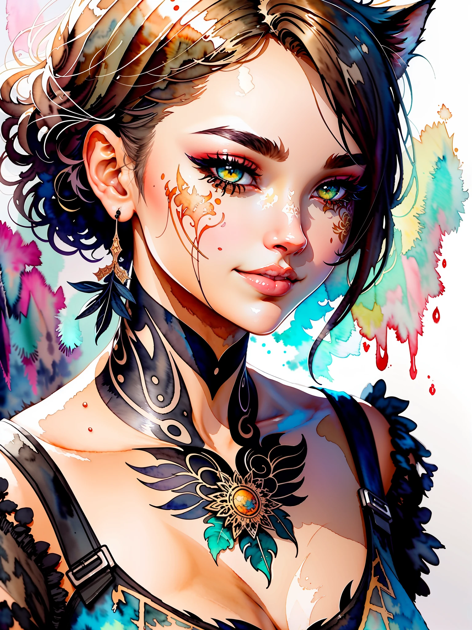 wtrcolor style, digital art of (Cat character), official art, front, smile, masterpiece, beautiful, ((watercolor)), face painting, ink splash, intricate details. Very detailed eyes, [drip:0.5], trend in Artstation, Rachel Walker