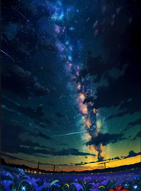 (zoomed out:1.1), (meteor shower:1.2), (comet:1.1), low angle, aroura borealis, shooting star, best quality, masterpiece, cloud, colorful, starry, stars, night, flower field, flower blossom, night sky, beautiful flowers, night theme,