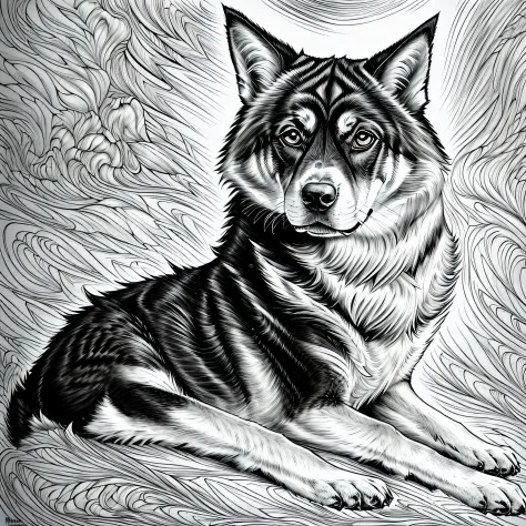 um desenho preto e branco de um cachorro, cachorro detalhado, anthropomorphic large maine coon, arte vetorial altamente detalhad...