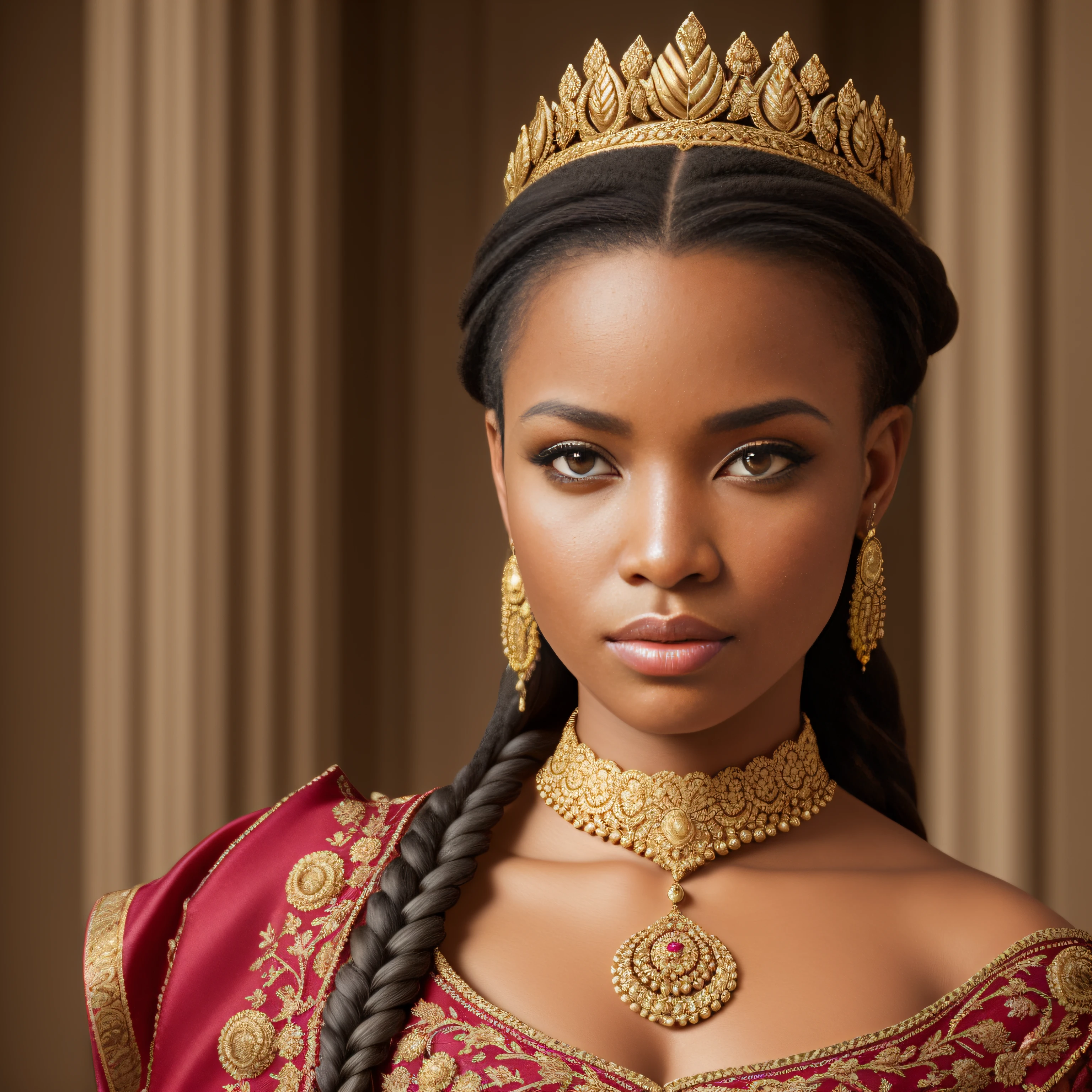 cinematic, photo, head and shoulder portrait photo, 1woman, solo, beautiful malagasy queen, plump lips, gorgeous eyes, dutch braids, elaborate hairdo, enticing look, intelligent expression, rich regal traditional clothes, elaborate, intricate decorations, filigree jewels, in a palace, Canon EOS 5D Mark IV, historical, fantasy, hyper detailed, accurate textures, realistic