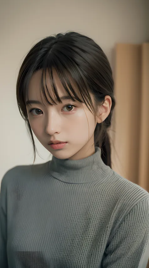 (masterpiece, best quality:1.4), girl, solo, beautiful face, 8k, absurdres, violaceaess, gardeniass, upper body, turtleneck sweater, looking at viewer, no makeup, film grain, chromatic aberration, sharp focus, facelight, sophisticated, (smile:0.5), room, i...