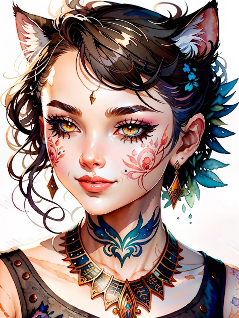 wtrcolor style, digital art of (cat character), official art, front, smile, masterpiece, beautiful, ((watercolor)), face paintin...