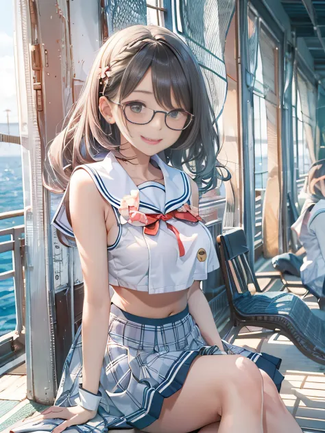 a 20 yo woman、Japan school uniform、(Sailor suit in cute shades)、(White sailor color)、Smiling with a sexual expression、Cute hairs...