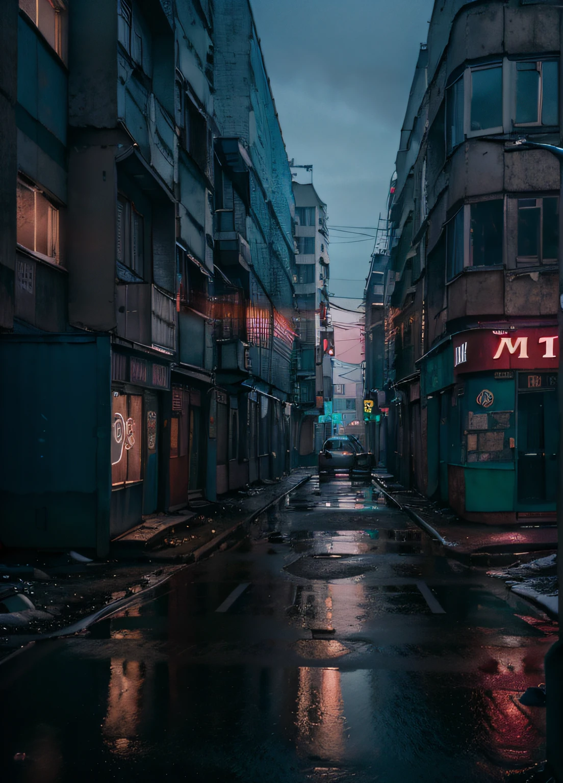 low angle, russianebenya, old panel houses, street, neon lights, cyberpunk, dark evening, movie still, 80mm lens, masterpiece, best quality, (film grain:1.1), ultra high res, RAW