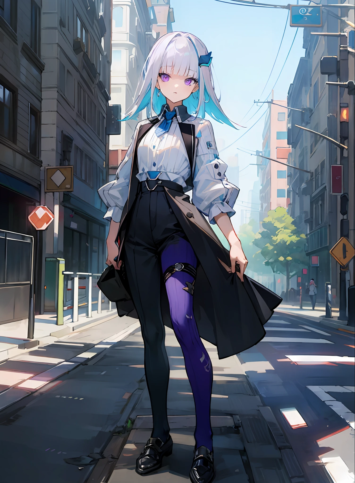 best quality, 4K wallpaper, masterpiece, extremely detailed CG unity 8k wallpaper, extremely detailed eyes, ultra-detailed, intricate details, 1girl, solo,purple eyes, Balenciaga outfit, shirt, hair ornament, trousers, black legwear, shoes, looking at viewer, public, road sign, street park, street,