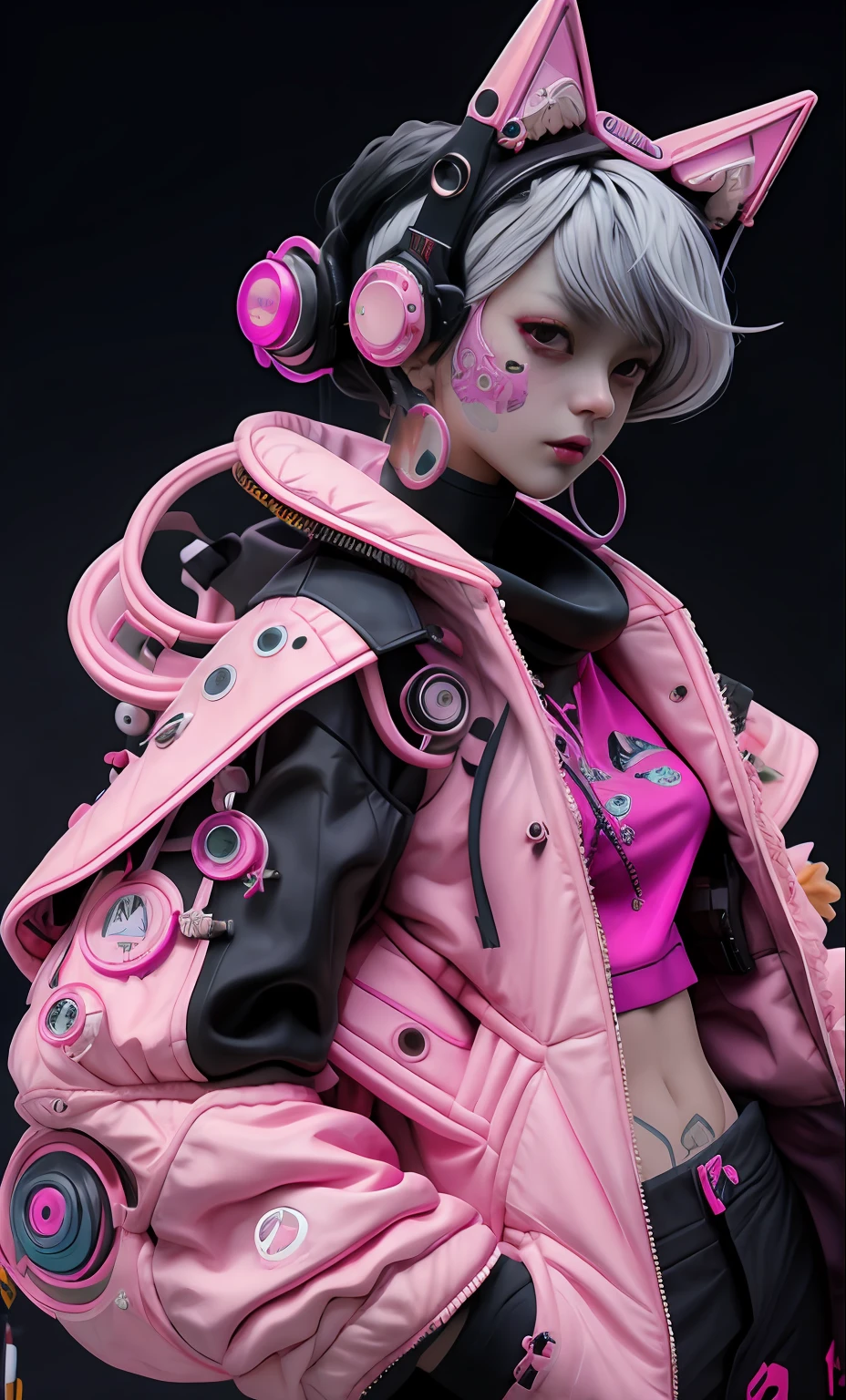 Una obra de arte con un personaje de anime femenino con cabello lila sentado en la parte superior de una pared. She is dressed in fashionable clothes, usar maquillaje intrincado y varios accesorios. This cyberpunk anime girl exudes a dreamy and beautiful cyberpunk aesthetic. Artworks showcase elements of technology and beauty. El renderizado de alta calidad resalta el ambiente cyberpunk moderno. This work is inspired by Korean aesthetics and haute couture, creating a unique and captivating visual experience., nijigirl  Pastel Goth, Aesthetics, 2025,