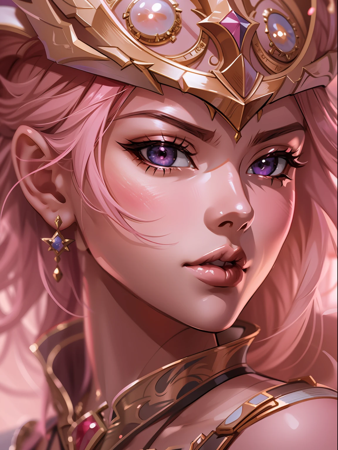 anime drawing, warrior princess with a pink warmor, expression serious, close-up intensity, masterpiece, best quality, ultra-detailed, cinematic beautiful lighting, intricate details, looking at viewer, depth of field-ar 2:3-s 200