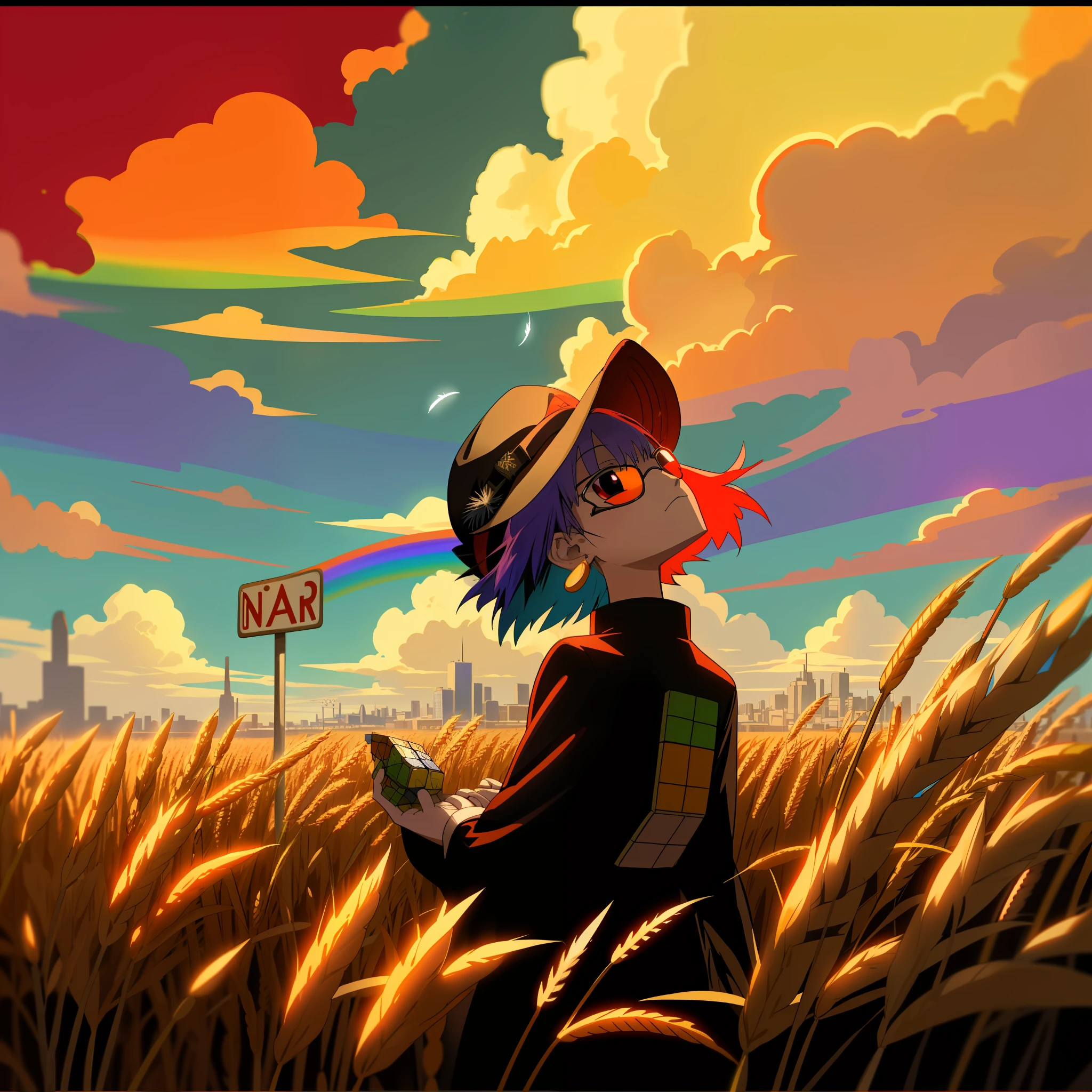 Anime style, A city in Dalí, Clouds, rainbow hair, Feather earring, briefs, Rubik's cube cap with 2 colors: white and black, Hands Behind Your Back, sunglasses on the head with red lenses, hat, Wheat field in the foreground, road sign, Looking Up, Colors of the sunset, detailing, surround light, Hideaki Anno's style