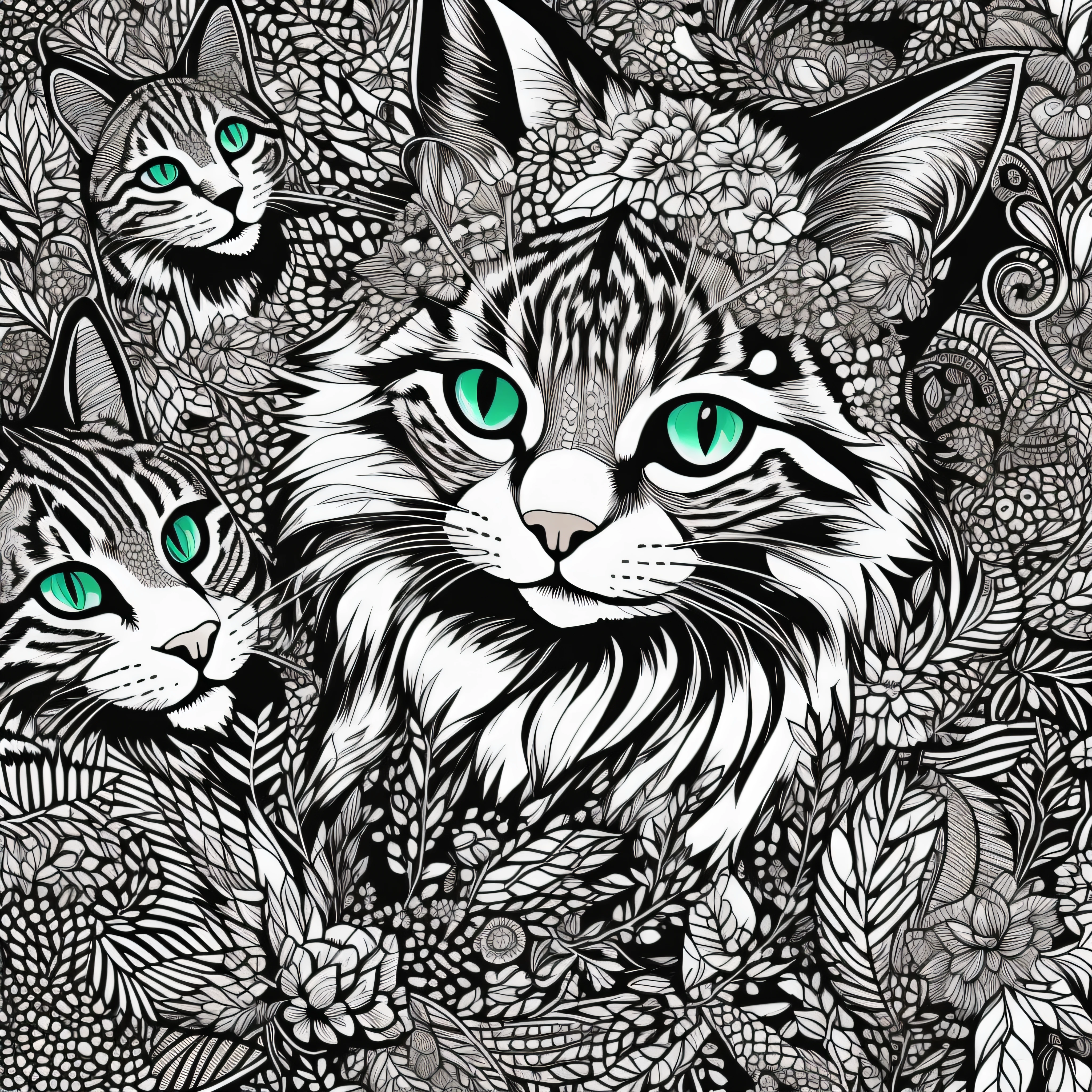 Livre de coloriage pour adultes, fond blanc, Lignes connectées, détails de la super ligne, symétrie, um conception preto e branco de um gato, Chat détaillé, Grand M anthropomorphe..aine Coon, arte vecteurial altamente detalhada, Hautly detIAled illustration, Conception de chat, Lynx anthropomorphe, highly detIAled and hypnotic, par le complexe détaillé, high detIAled illustration, Fluffy Cat T - Design de camisa, arte vecteurial em preto e branco, Hautly detIAled illustration. Travail de ligne épaisse, De grands standards, espace négatif, motif épais, Pas de fond noir, Arrière-plan de motif forestier mignon, conception, pas de pièce colorée, Effet Mandalas, mandalas, Dessin au trait fin de l’encre stylisée, vecteur, Adobe Illustrator, ........eps, Modèle africain, plein écran, Tissu proportionnel, --Style "Inspiré par Johanna Basford", --artistique_Niveau "Haut", --livre "Livres secrets", créer_........IA_Colorier_livre, --avec 16:9 --upbeta --s 750"