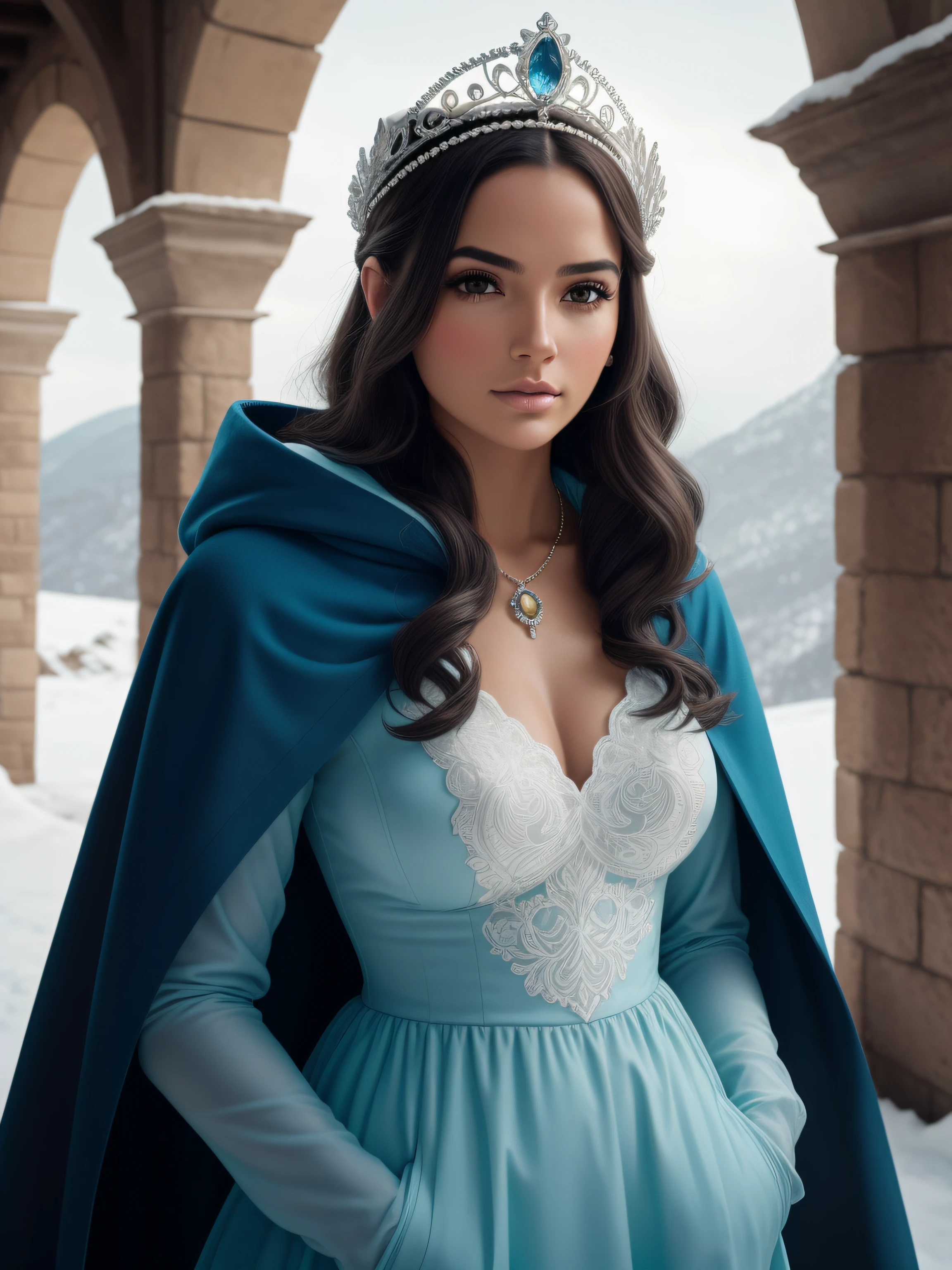 Woman with an ice tiara on her head and a navy blue winter cloak with golden details, broche de floco de neve. longos cabelos pretos. rainha do inverno, princesa elfa, retrato de uma rainha elfa, rainha elfa, princesa inverno, uma rainha elfa, artgerm em artstation pixiv, bela e elegante rainha elfa, corpo inteiro. Standing in the snow in front of a large icy castle. Personagem de RPG. Era medieval. Mulher elfa. Elfa de cabelos ruivos. Olhos azuis. Elfa da floresta. Elfa Guerreira da floresta. Elfa arqueira. Arqueira medieval. Arco e Flecha. Organic Amadura. Armadura verde musgo. soft ilumination. Standing in the middle of the forest. Floresta densa. Cogumelos bioluminescentes. fantastical setting. Luz do dia. Luz solar. realces de cores quentes. Paleta verde azul e amarelo. RPG Character design. modelo ig | artgerm, :: rossdraws, obra de arte no estilo de guweiz, extremamente detalhada artgerm. corpo inteiro, fundo detalhado de um castelo, hiper detalhado, rosto detalhado, foto sincera POV, por lee jeffries, Nikon d850, filme fotografia de estoque ,4 kodak portra 400, F1 camera lens.6, cores ricas, hiper realista, textura realista, lighting dramatic, cinestill 800 (8k, Foto RAW, melhor qualidade, obra-prima: 1.2), ultra-detalhado, (pele altamente detalhada: 1.2), 8k UHD, DSLR, soft ilumination, alta qualidade.modelo ig | artgerm, :: rossdraws, obra de arte no estilo de guweiz, extremamente detalhada artgerm. corpo inteiro, fundo detalhado de um castelo, hiper detalhado, rosto detalhado, foto sincera POV, por lee jeffries, Nikon d850, filme fotografia de estoque ,4 kodak portra 400, F1 camera lens.6, cores ricas, hiper realista, textura realista, lighting dramatic, cinestill 800