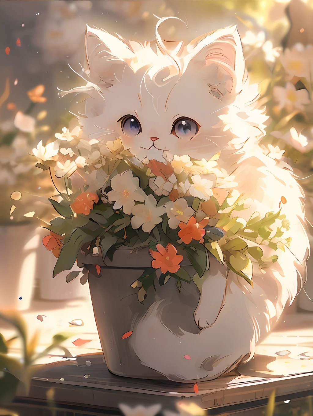 Hay un gato blanco sentado en una maceta con flores, adorable, pintura digital, anime visual of a Lindo gato, lindo arte digital detallado, lindo arte digital, linda obra de arte detallada, gato animado, gato kawaii, very beautiful Lindo gatogirl, gatos y plantas, encantador y lindo, lindo y encantador, by Yang J, realistic gato animado, hermosa y linda o hermoso y lindo, Lindo gato