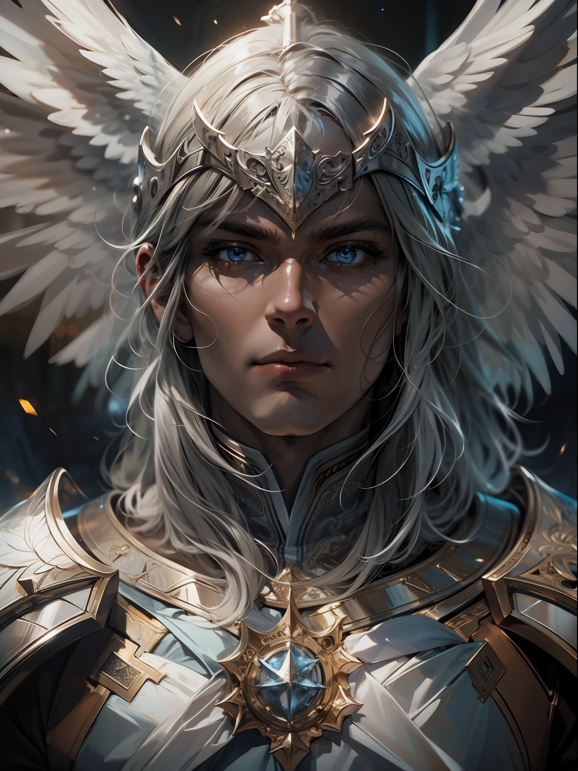 Cover drawing, angelic warrior with light in his eyes, expression serious, close-up intensity, masterpiece, best quality, ultra-detailed, cinematic beautiful lighting, intricate details, looking at viewer, depth of field-ar 2:3-s 200