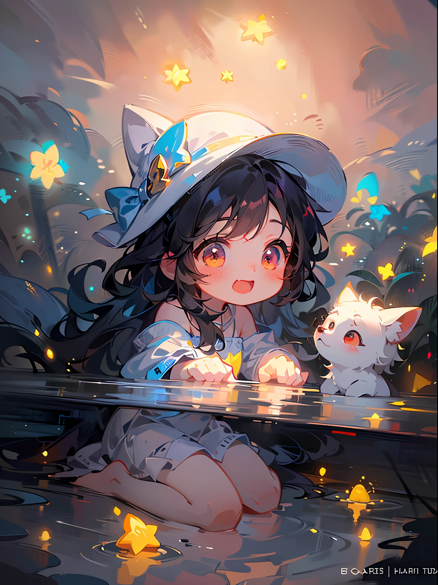 ((absurdres, higher, ultra HD) a chibi girl in a hat and a cute fox is sitting beside the lake water, 1girl,chibi, cute ,detailed ,digital art, cute art style,   detailed artwork,  digital painting, kawacy,  illustration, artwork in the style of guweiz, ((sharp details))  anime illustration, by Yang J, cute artwork