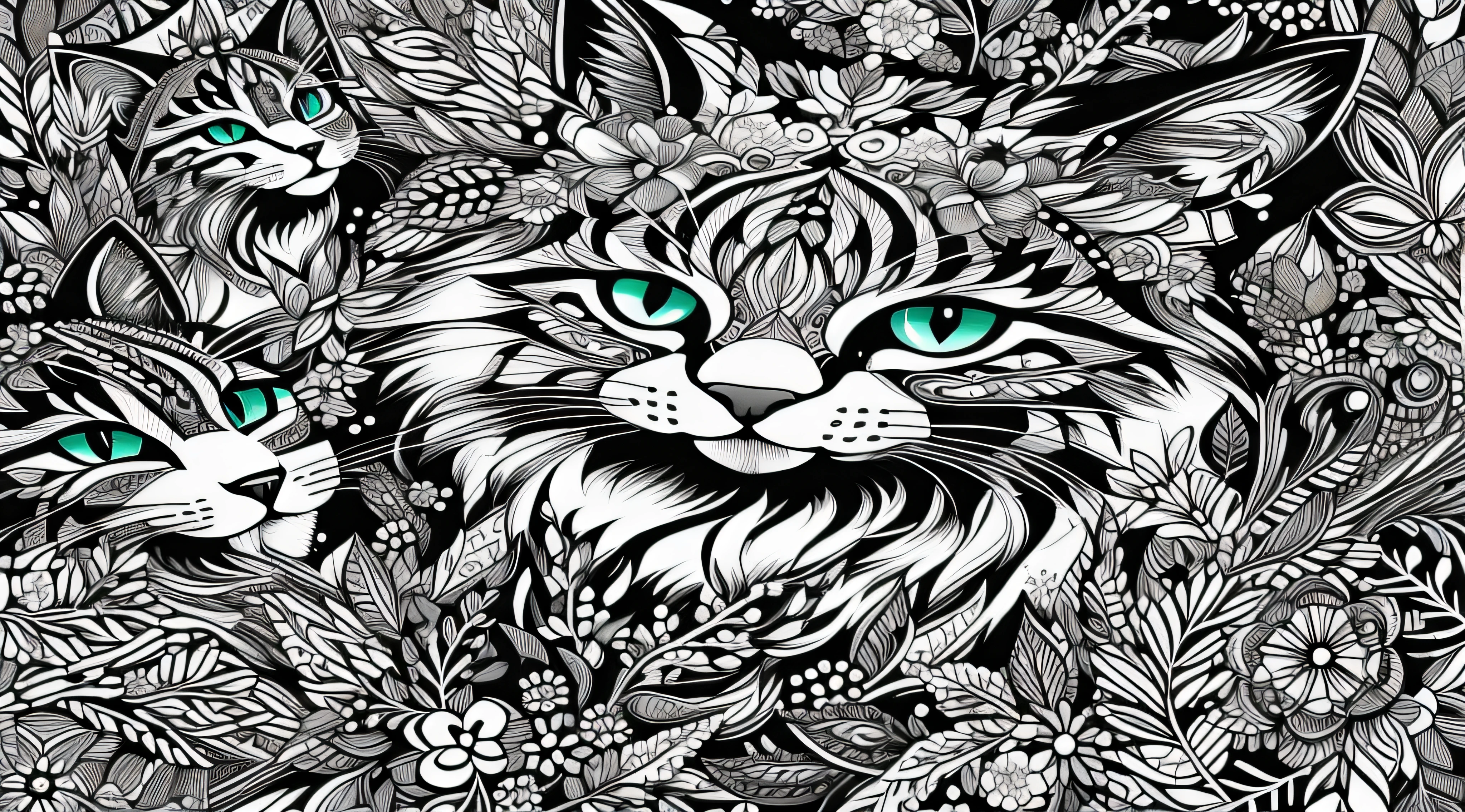 Coloring book for adults, White background, Connected lines, super line details, symetry, um drawning preto e branco de um gato, cat detailed, Anthropomorphic Large M..Aine Coon, arte vectorial altamente detalhada, Highly detAI big breastsled illustration, design do gato, anthropomorphic lynx, highly detAI big breastsled and hypnotic, detailed intricate fur, high detAI big breastsled illustration, Fluffy Cat T - Design de camisa, arte vectorial em preto e branco, Highly detAI big breastsled illustration. thick line work, Great standards, negative space, thick pattern, no black background, Cute forest pattern background, drawning, no colored parts, mandala effect, mandala, ink fine line art stylized, vector, Adobe Illustrator, ........eps, African pattern, fullscreen, Proportional fabric, --Style "Inspired by Johanna Basford", --artistic_Level "High", --Boken "Secret Books", create_..........AI big breasts_Colorir_Boken, --ar 16:9 --upbeta --s 750"