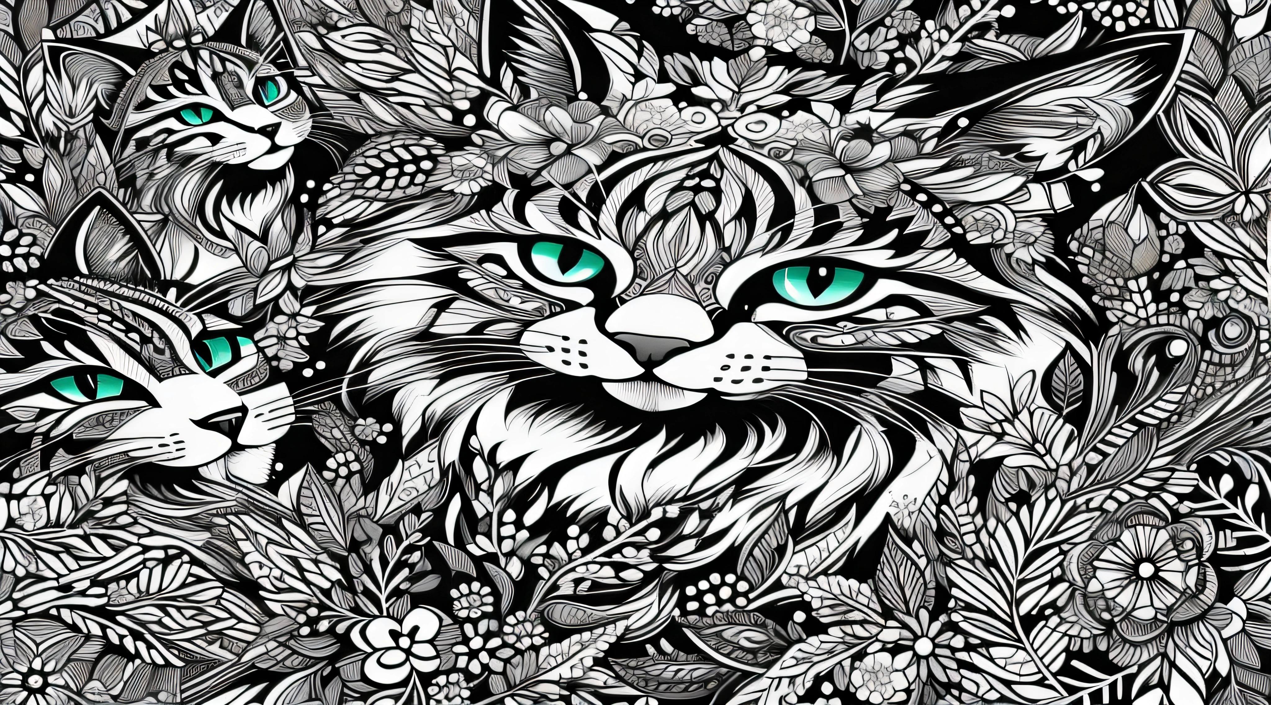 Livro para colorir para adultos, fundo branco, Linhas conectadas, super detalhes de linhas, simetria, um desenho preto e branco de um gato, gato detalhado, Antropomórfico Grande M..Aine Coon, arte vetorial altamente detalhada, altoly detailed illustration, design do gato, lince antropomórfico, altamente detalhado e hipnótico, pelo intrincado detalhado, ilustração altamente detalhada, Fluffy Cat T - Design de camisa, arte vetorial em preto e branco, altoly detailed illustration. trabalho de linha grossa, Ótimos padrões, espaço negativo, padrão grosso, sem fundo preto, Fundo bonito do padrão da floresta, desenho, nenhuma parte colorida, Efeito mandala, mandala, arte de linha fina de tinta estilizada, vetor, Adobe Ilustrador, ........eps, Padrão africano, tela cheia, Tecido proporcional, --Estilo "Inspirado em Johanna Basford", --artístico_Nível "alto", --livro "Livros Secretos", criar_..........ai_Colorir_livro, --AR 16:9 --upbeta --s 750"