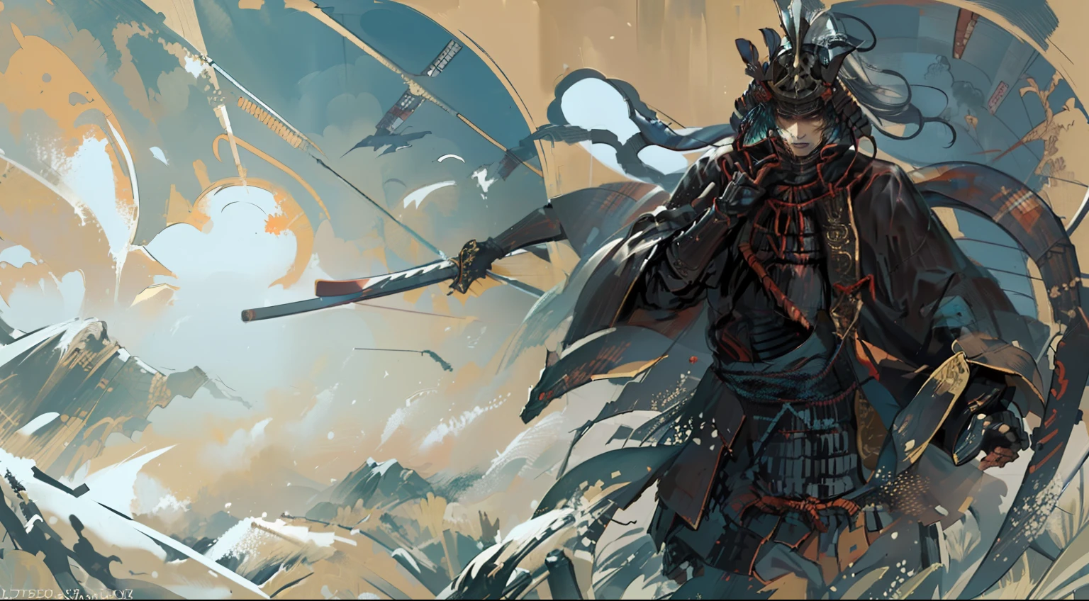 an axe, Samurai, dark feudal japan, ninja, Painting of a man holding a sword in an area of fog, sekiro, inspired by Kanō Hōgai, Inspired by Yoshihiko Wada, an axe en el mundo transmitido por la sangre, wallpaper art, inspirado por Yasuo Kuniyoshi, 4 k hd illustrative wallpaper, inspired by Shōzaburō Watanabe, game art de portada, game art