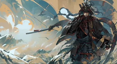 Sekiro, samurai, japon feudal oscuro, ninja, Painting of a man holding a sword in an area of fog, Hacha, inspired by Kanō Hōgai,...