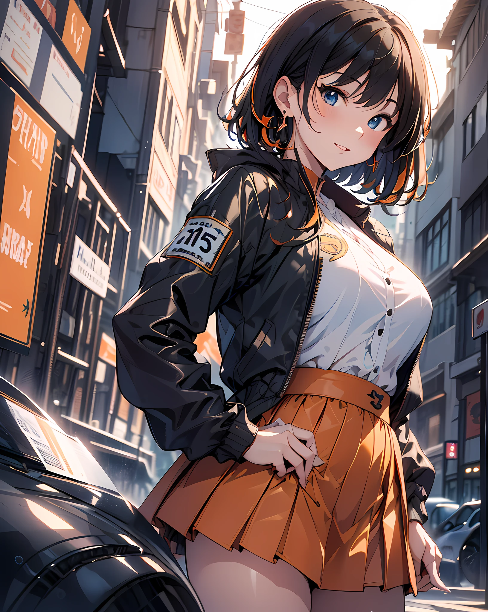 (masterpiece, best quality:1.37), highres, ultra-detailed, ultra-sharp, BREAK, Japanese school girl model, 1girl, (beautiful anime face, cute face, detailed face), (black hair, short hair, bangs), blue eyes, jewelry, earrings, piercing, BREAK, ((detailed orange race queen costume:1.5), (detailed rubber jacket and short skirt:1.3)), lovely look, detailed clothes), light smile, closed mouth, parted lips, pink lipstick, BREAK, standing, arms behind on hip, leaning forward, cowboy shot, detailed human hands, HDTV:1.2, ((detailed car competition view background:1.3)), 8 life size, slender, anime style, anime style school girl, perfect anatomy, perfect proportion, inspiration from Kyoto animation and A-1 picture, late evening, excellent lighting, bright colors, clean lines, photorealistic