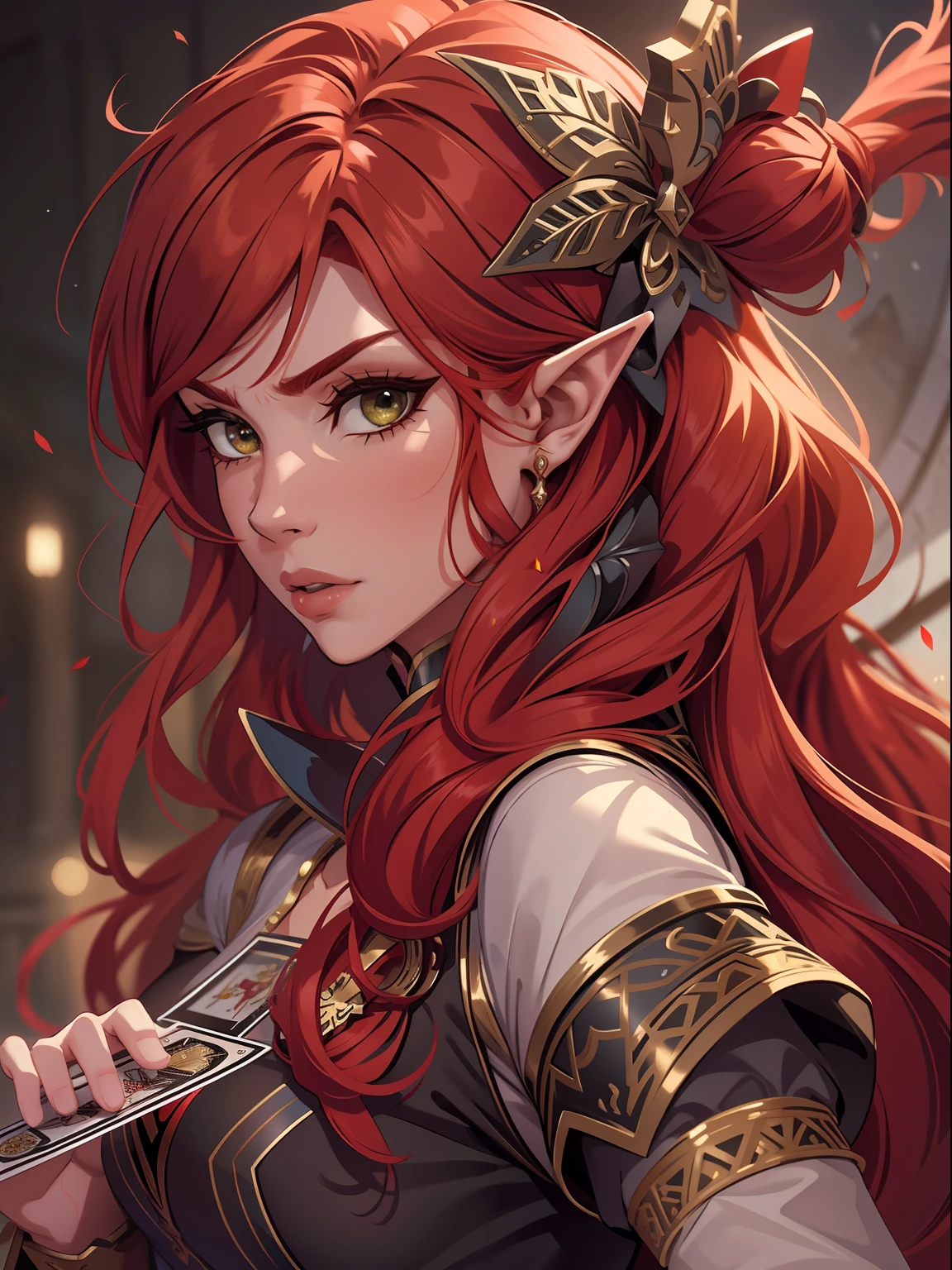 game card, red haired elf holding a bow, expression serious, close-up intensity, masterpiece, best quality, ultra-detailed, cinematic beautiful lighting, intricate details, looking at viewer, depth of field-ar 2:3-s 200