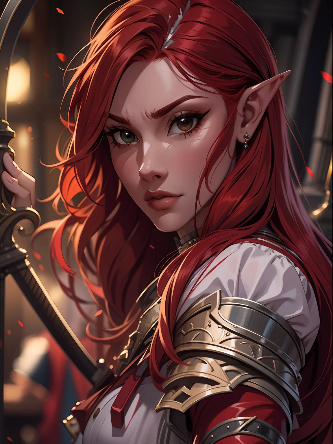 game card, red haired elf holding a bow, expression serious, close-up intensity, masterpiece, best quality, ultra-detailed, cinematic beautiful lighting, intricate details, looking at viewer, depth of field-ar 2:3-s 200