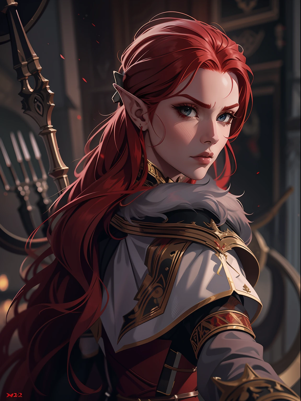 game card, red haired elf holding a bow, expression serious, close-up intensity, masterpiece, best quality, ultra-detailed, cinematic beautiful lighting, intricate details, looking at viewer, depth of field-ar 2:3-s 200