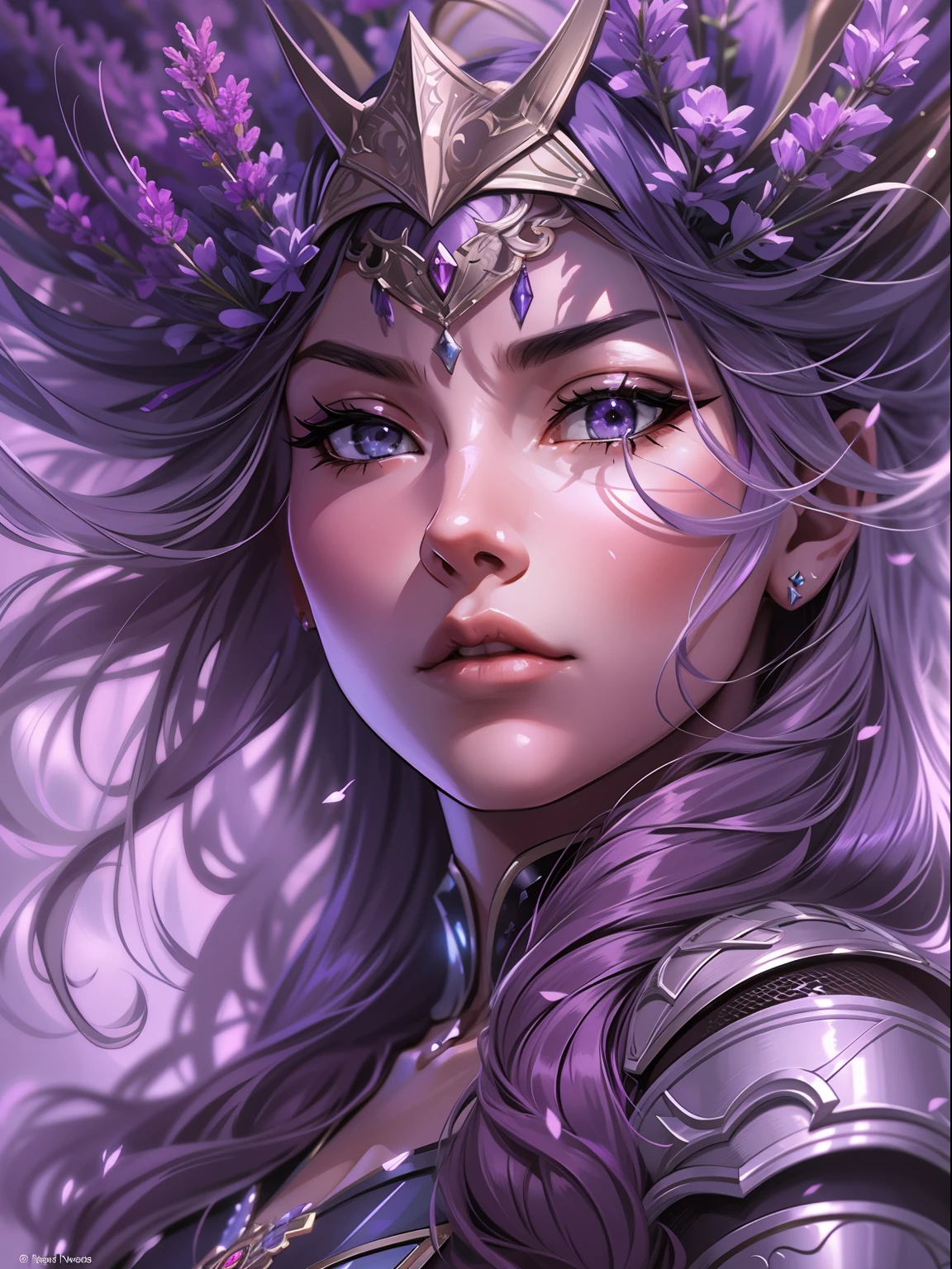 drawing cover, a lavender warrior princess, expression serious, close-up intensity, masterpiece, best quality, ultra-detailed, cinematic beautiful lighting, intricate details, looking at viewer, depth of field-ar 2:3-s 200