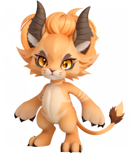 There is a cartoon cat with horns and tail, fluffy orange skin, octan render, full body portrait of a zentaur, satyr, blender eevee render, 3 d render stylized, pudica pose, lineless, one a demon-like creature, one a demon - like creature, brown tanned ski...