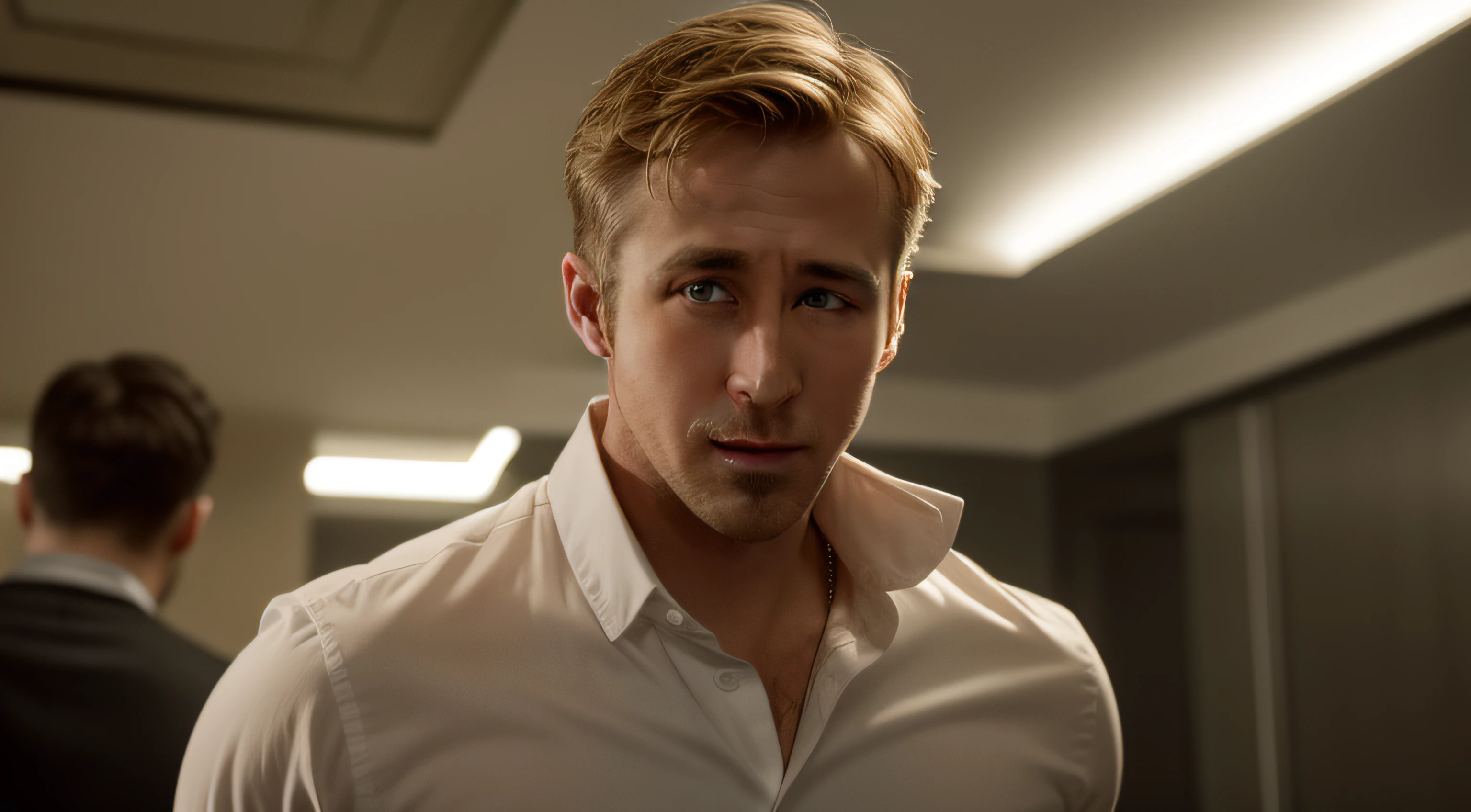 In the scene, Ryan Gosling, the talented actor, captivates the audience with his magnetic presence and charismatic charm. His expressive eyes convey a range of emotions, from intense focus to playful wit. The lighting accentuates his chiseled features, adding a touch of allure and mystery to his persona. Whether he's in the midst of a heartfelt conversation or engaging in a thrilling action sequence, Gosling's versatility shines through, captivating viewers and leaving a lasting impression. This evocative description invites readers to envision Gosling's presence on screen, capturing the essence of his talent and on-screen charisma.