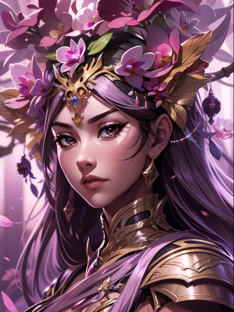 drawing cover, an orchid warrior princess, expression serious, close-up intensity, masterpiece, best quality, ultra-detailed, ci...