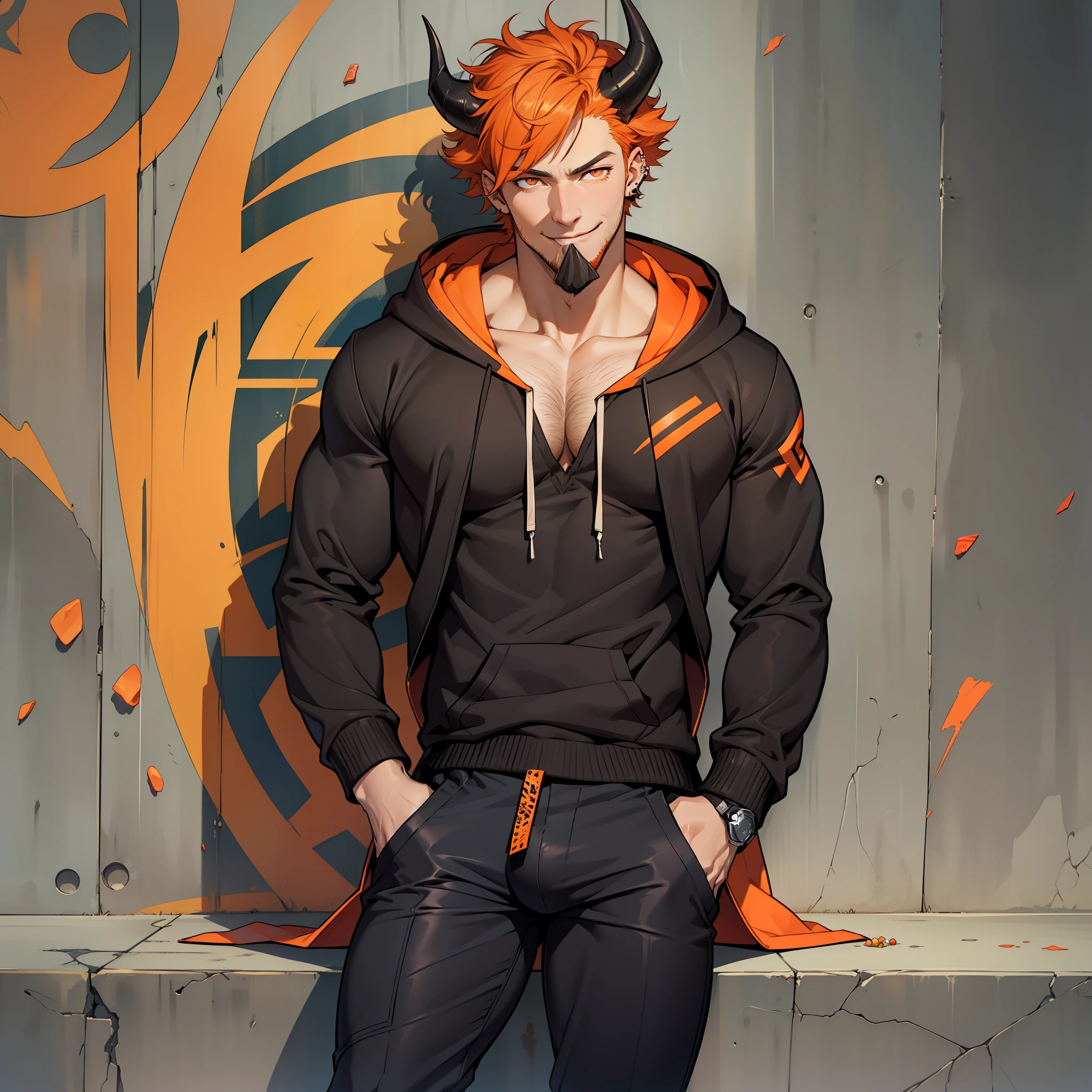 Anime guy with orange hair and horns sitting on a wall - SeaArt AI