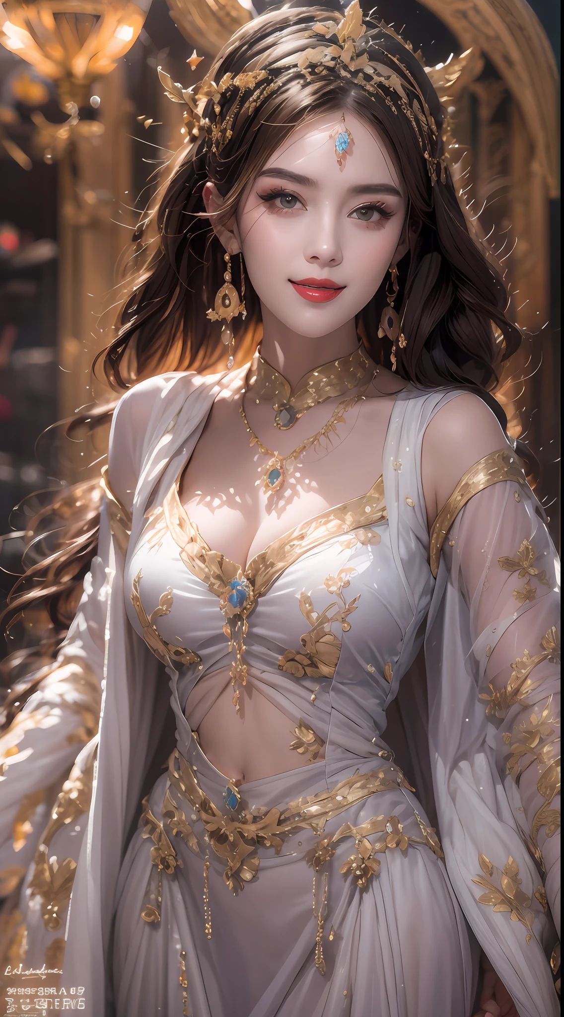 27歲聖人的肖像,Charming 成人 saint in a long dress made of thin silk, beautiful saint with an old 臉, 成人, 穿著一件薄薄的五彩絲綢連身裙, beautiful 臉 without blemishes, (((自然的微笑:1.3))), ((7色頭髮長度:1.2)), 大皇冠, 髮針, 漢服連身裙, 中國古風, 全身首飾, 額頭紋身, 胸部超均勻, 臉, innocent 臉, 最漂亮最細緻的淺紅色口紅, ((薄而豐潤的嘴唇:0.3)), ((金色眼睛的顏色:0.6)), 細緻細膩的燈光效果, 光與暗, 戲劇性的燈光, 神奇的光, 極為細緻的光線, 本色, 超鋒利, 實際的, 8k畫質, 奇幻宇宙背景, 聖人與魔法空間, 最詳細的圖像, ((獨自的:0.3)), ((一位聖女:0.6)), ((直視聖人上半身:0.4)), ((光滑的皮膚:0.5)), ((聖女的面紗:0.6)),