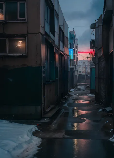 low angle, russianebenya, old panel houses, street, neon lights, cyberpunk, dark evening, movie still, 80mm lens, masterpiece, b...