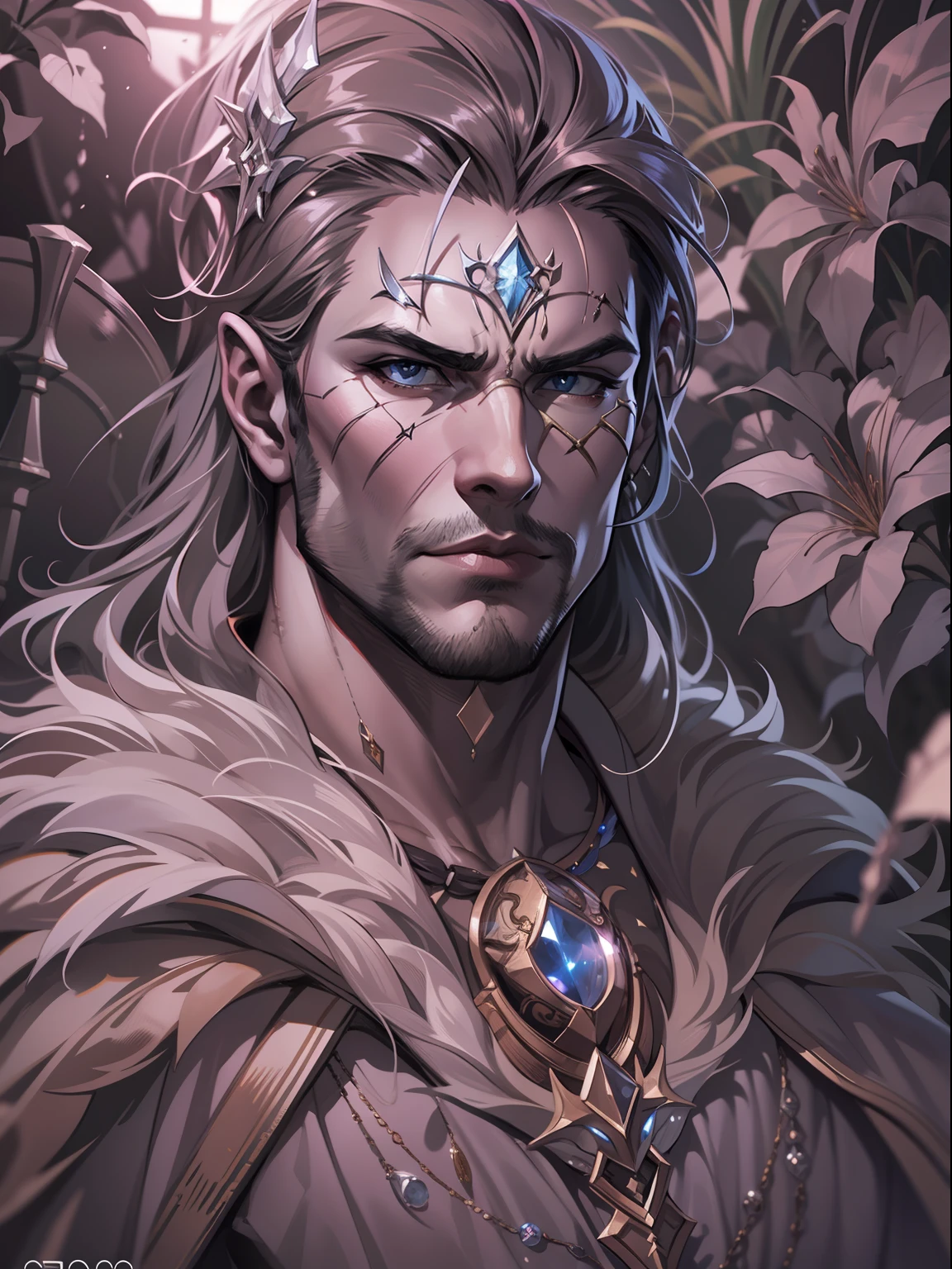 drawing cover, magic male druid in a florest, expression serious, close-up intensity, masterpiece, best quality, ultra-detailed, cinematic beautiful lighting, intricate details, looking at viewer, depth of field-ar 2:3-s 200