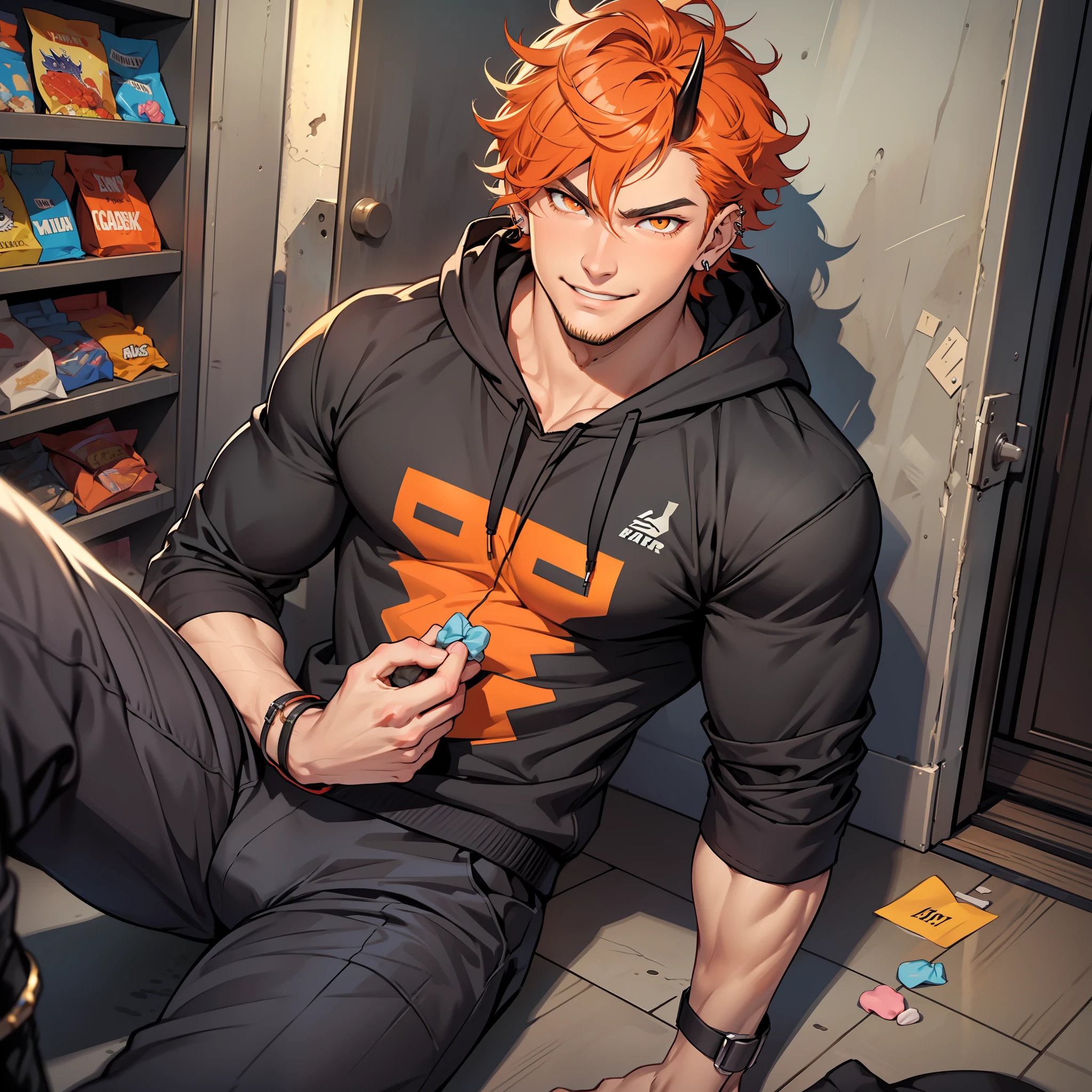 Anime guy with orange hair sitting on the floor in front of a store -  SeaArt AI