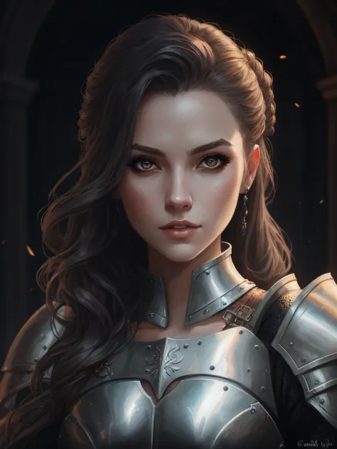a close up of a woman with a sword and armor, portrait of female paladin, portrait knight female, fantasy concept art portrait, ...