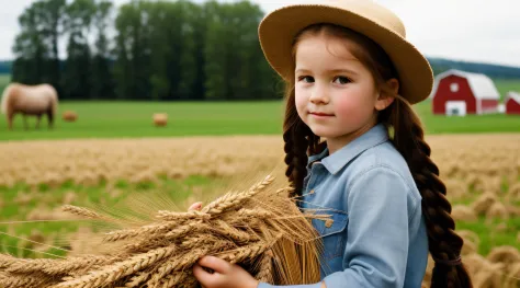 Russian style, children girl, portrait, long red hair of braids with hat, farmer style, with rolls of hay and wheat and horse, b...