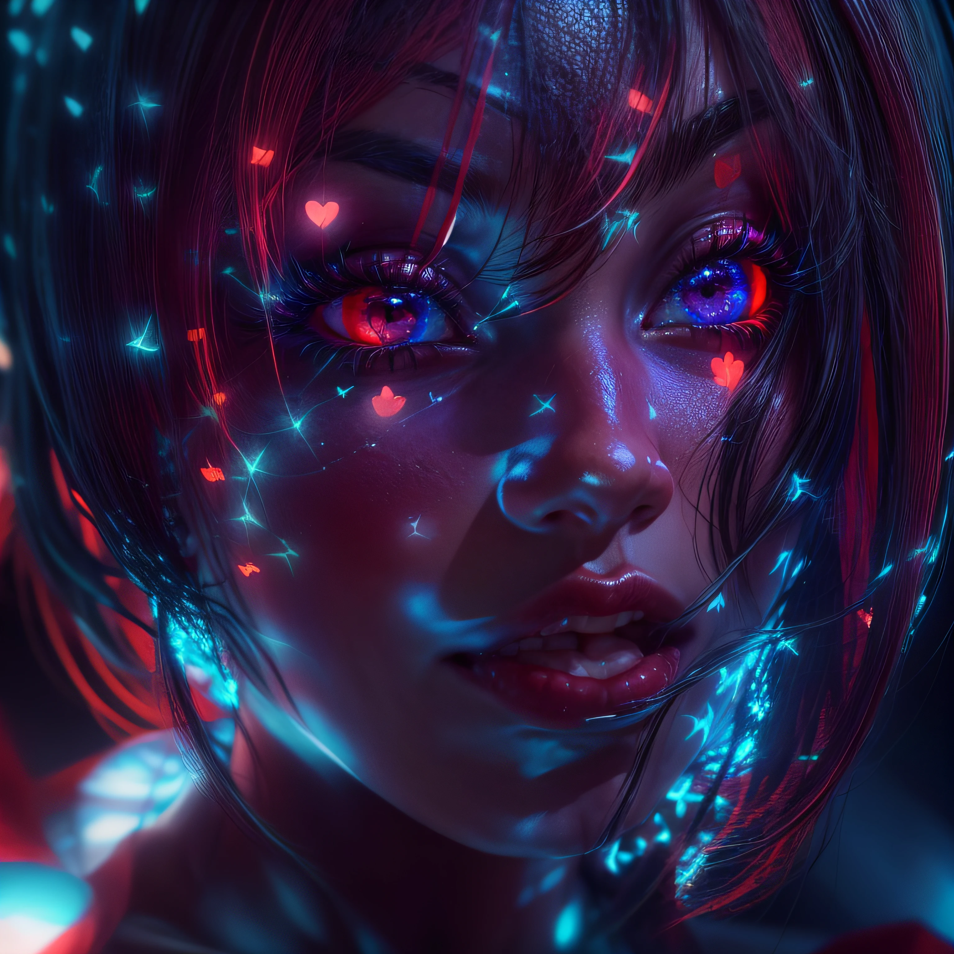 Primer plano de una hermosa mujer de látex negro, ojos azules, cubierto de rosas rojas iluminadas, corazón brillante blanco azul brillante, visible desde el ser humano, noche, Colorante, fotografía hiperdetallada cinematográfica hdr iluminación, iluminación de caja de luz, Detalle extremo, 8k, renderizado 3D, Hiper realista, NVIDIA,