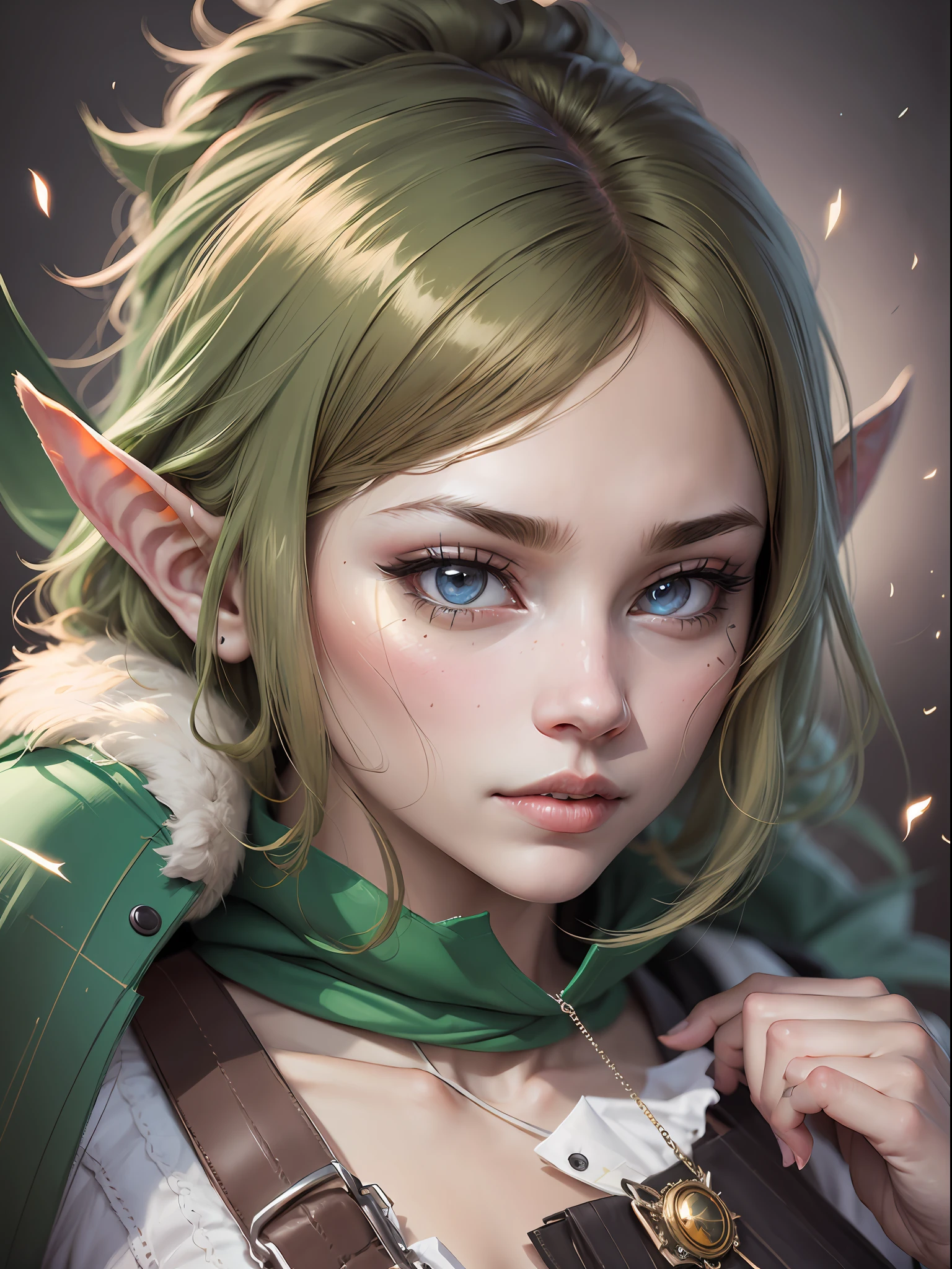 ryuu,  thight boots, cloak, elbow gloves, green underwear, white t-shirt, long thight boots, brown boots, elf ears, face focus, (realism:1.2), (masterpiece:1.2), (best quality), (detailed face:1.2), (detailed eyes:1.2), (ultra detailed), (8k, intricate), (85mm), light particles, lighting, (highly detailed:1.2), (detailed face:1.5), (gradients), sfw, colorful, daylight, solo.