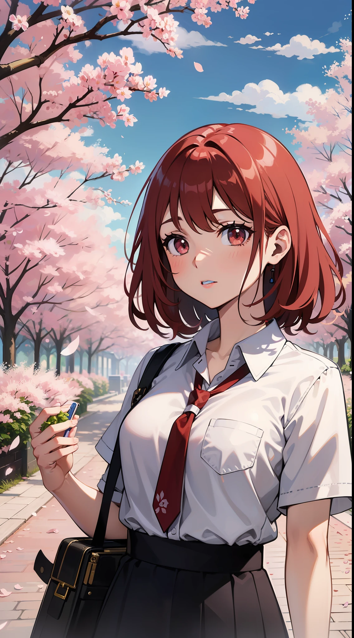 Ein rothaariges Mädchen steht vor einer Kirschblüte, ein detailliertes Gemälde von Kobayashi Kiyochika, Auf Pixiv vorgestellt, Remodernismus, offizielle Kunst, Anime-Serie, Anime-Serie aesthetic
