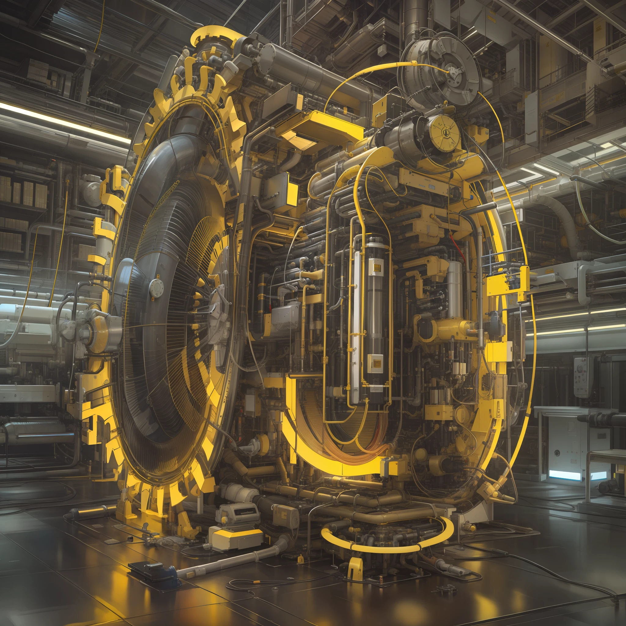 Hacer un generador de partículas tubular, extremadamente detallado, ultra detallado, Moderno y tecnológicamente avanzado. colores vibrantes, Rayos amarillos una máquina del tiempo futurista.