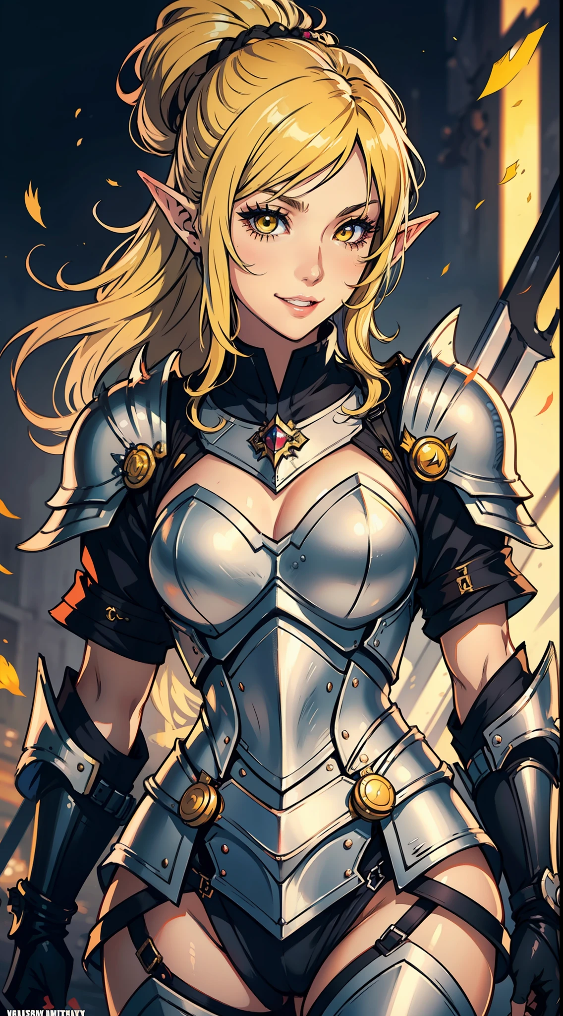 elven knight, messy bun, black eyeliner, mascara, natural lips, looking at viewer, grin, mouth closed, blonde hair, yellow eyes, sexy anime face, highly detailed, perfect face, shiny skin, shiny hair, wearing plate armor,fantasy armor, sword in left hand, full body