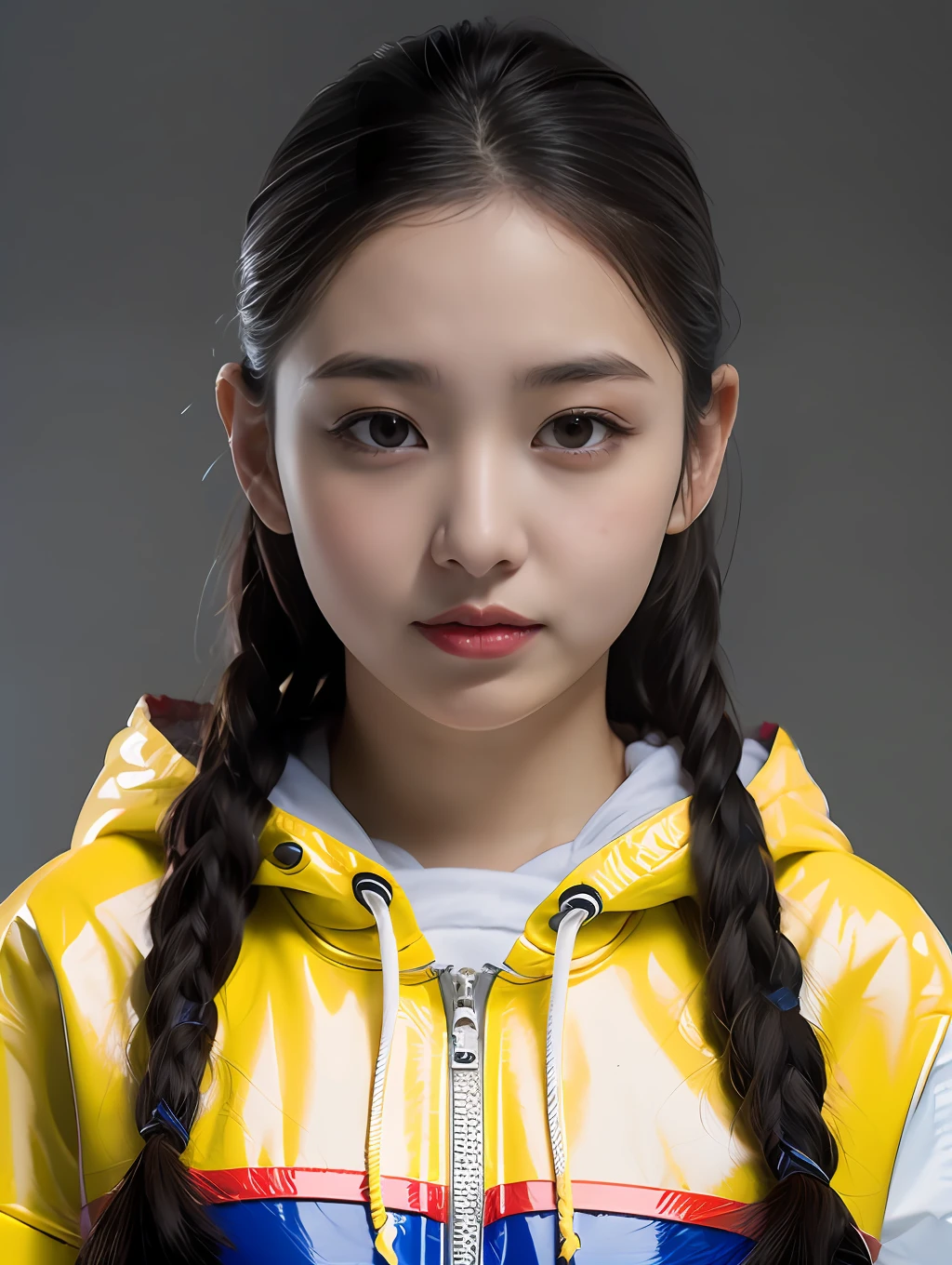 A 17-year-old Chinese female high school student，Wearing a red sweatshirt made of PVC with yellow stripes，Light gray solid background